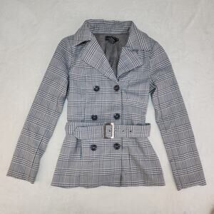 Light Academia Plaid Peacoat Womens Medium Gray Belted Double Breasted Pleated